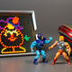 Lite-Brite, He-Man figures, and a spinning top, pictured together.